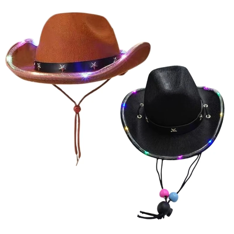 

Carnivals Illuminated Cowboy Hat with LED Wide Brim Adult Fedoras Hat for Outdoor Photoshoots Supplies