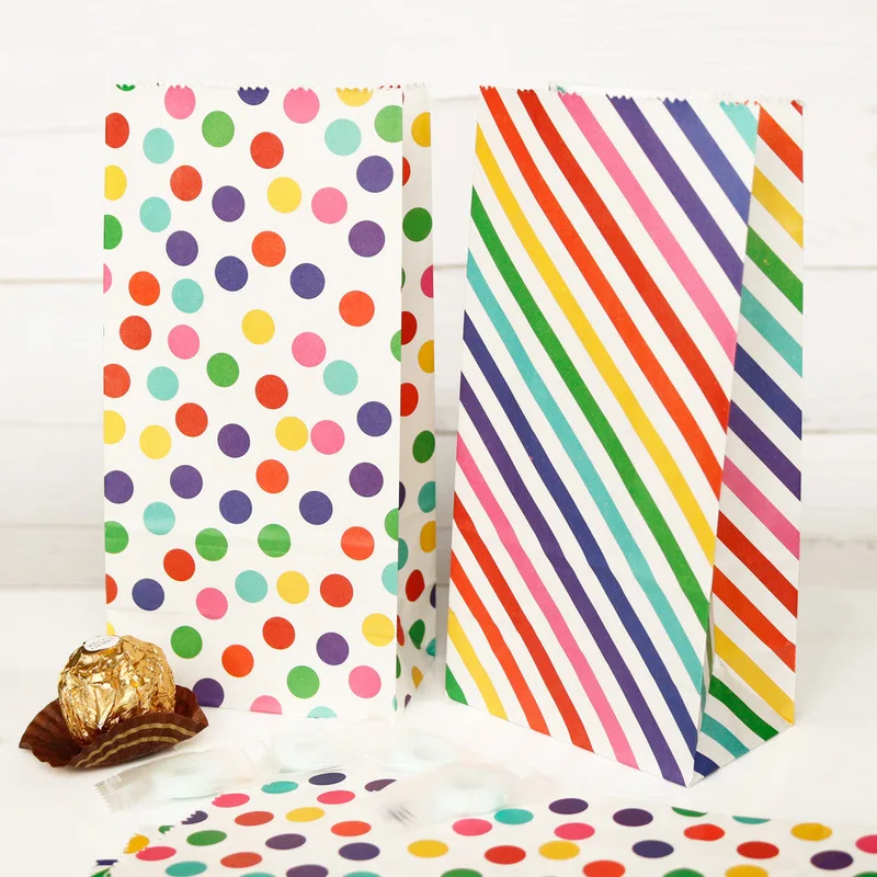10pcs Gift Bag Birthday Wedding Party Decoration Supplies Rainbow Dots Kraft Paper Packaging Box Cake Baking Candy Packing Bags