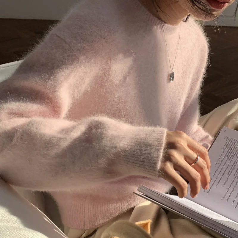 

Light Pink Angora Round Neck Mink Cashmere Sweater Loose Pullover Fluffy Soft Warm Women Girl Clothes JNS308 Hot sale