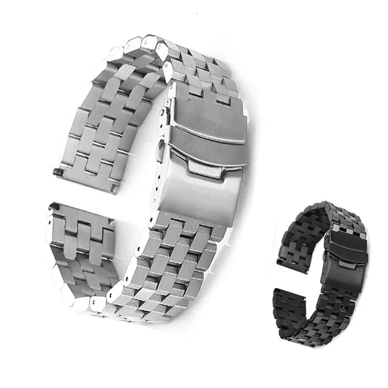 22mm 20mm Silver/Black Stainless Steel Solid Link Watch Band Strap Folding Clasp with Safety Men Replacement Correa De Reloj