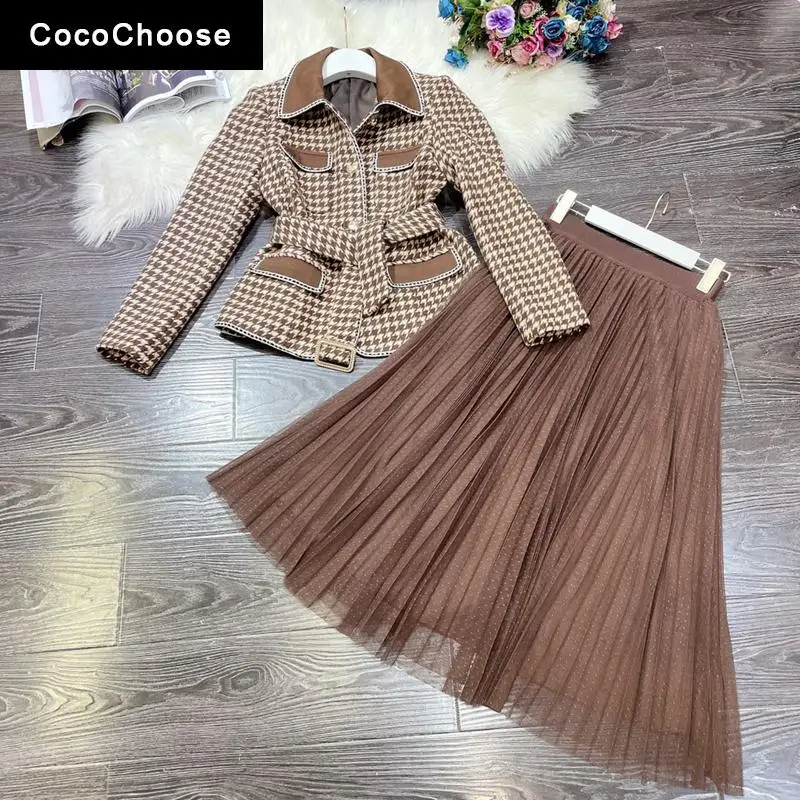 

Женский деловой костюм из твида, элегантный шерстяной пиджак с отложным воротником и поясом и плиссированная сетчатая длинная юбка, компле...