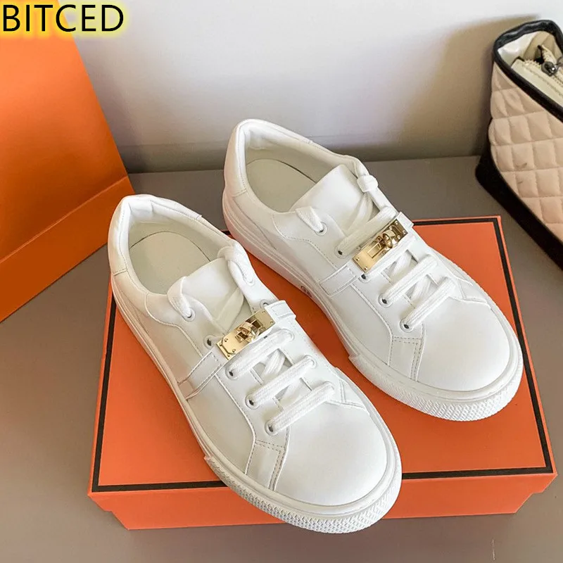 

Women's Shoes White Shoes Flat Shoes Designer Brand Metal Buckle Women's Shoes Round Toe Lace-Up Vulcanized New Casual Shoes44