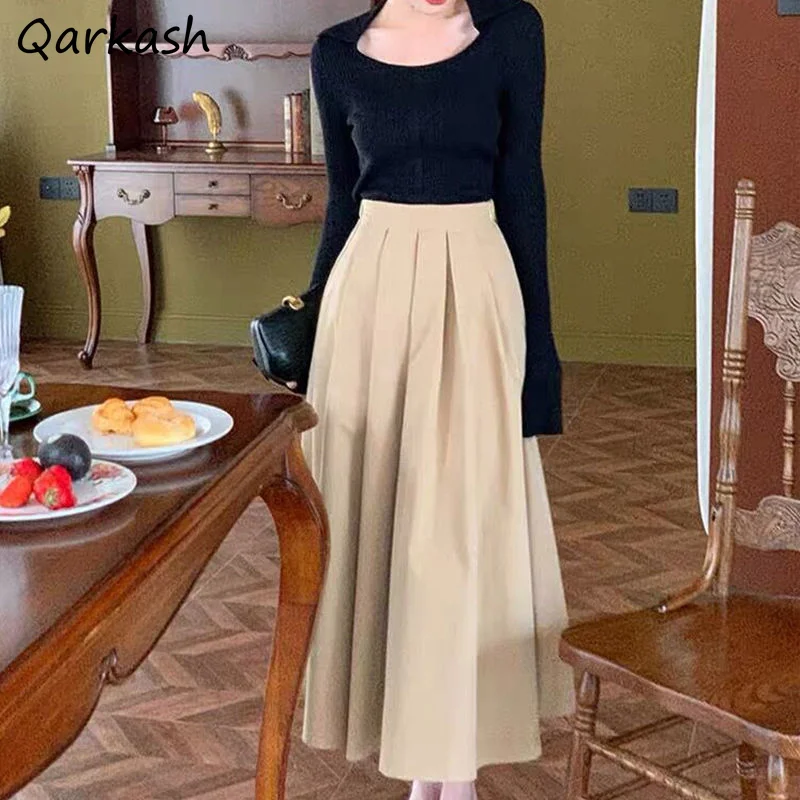 

Midi A-line Skirts Women Spring High Waist Solid Vintage French Style Aesthetic Folds Streetwear All-match Elegant Females Chic