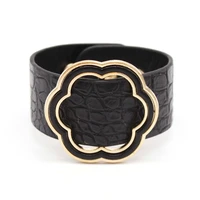 totabc crack black wide big flower circle leather bracelet for women geometric metal wrap charm femme bracelet jewelry gift