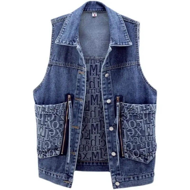 

2022 Denim Vest Women's New Summer Korean version Loose Jacquard Stitching Coats Sleeveless Vest Jackets Big Pocket Tops Female