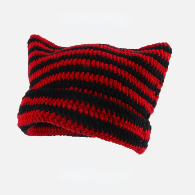

Harajuku Punk Gothic Knitted Cat Ear Little Devil Hat Millennium Women Kawaii Designer Winter Handmade Beanie Female Caps