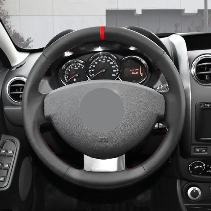 Чехол на руль салона автомобиля отделка из черной микрофибры и кожи красная