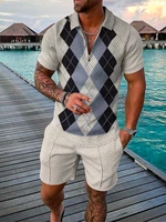 summer mens 3d printed polo shirt set high quality mens sports jogging zip short sleeve polo shirt sportswear two piece set