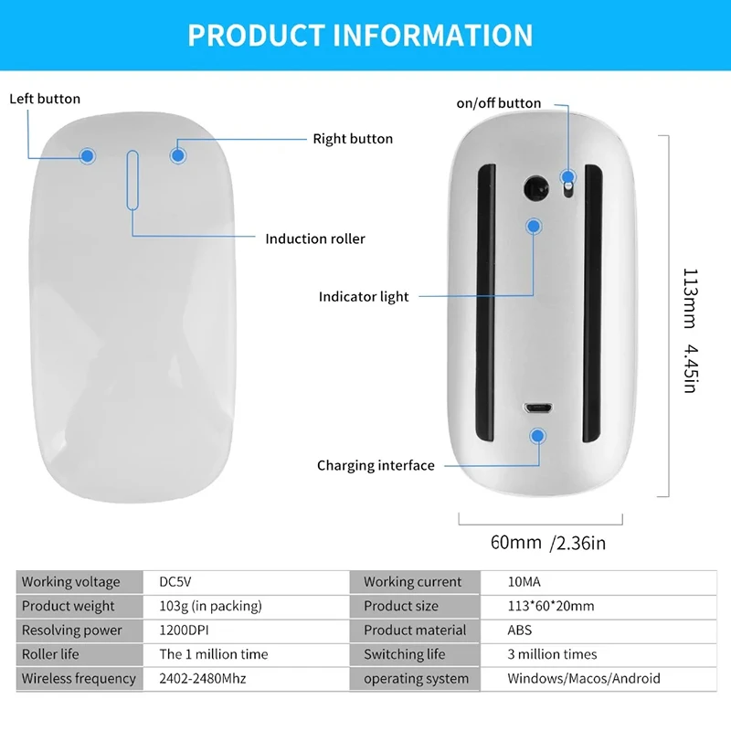 Фото Ультратонкая мышь Xiaomi Multi-touch Surface Magic Mouse Bluetooth 5,0, беспроводная перезаряжаемая бесшумная мышь для Apple Ipad Pc Mac №4