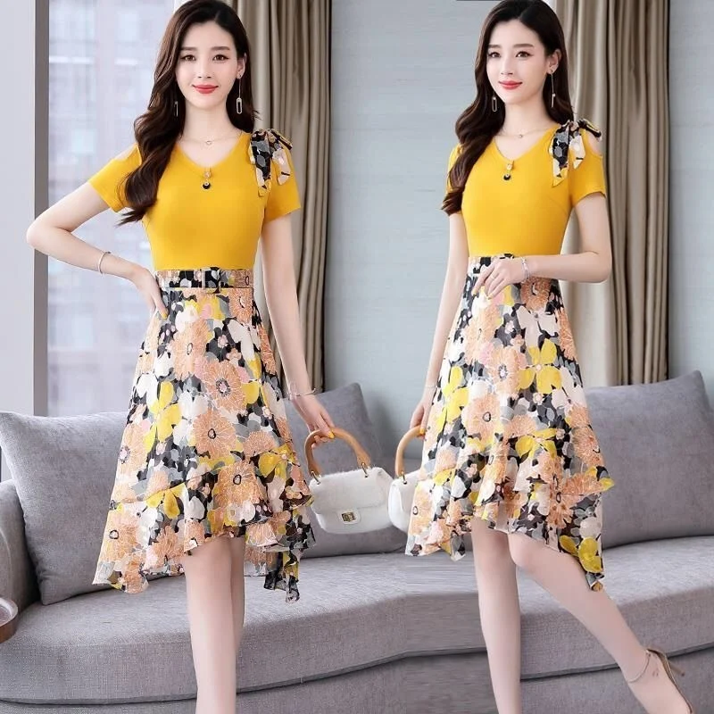 

Women's Chiffon Print Floral Dress Elegant 2022 New Summer Plus Size Clothing Casual Fashion Shirt Down Fairy Skirt For Women