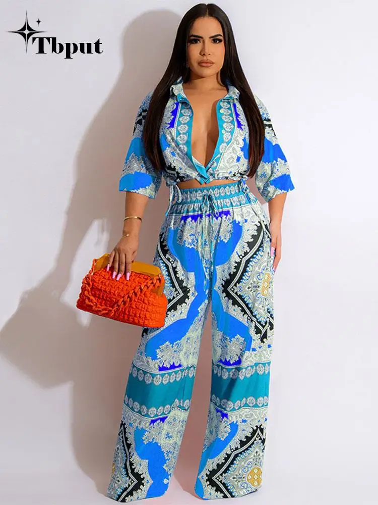 

Summer Print Women Shirt Pant Sets Summer Beach Holiday Casual Loose Lady Suits Short Sleeve Elastic Waist Pants 2 Piece Outfit