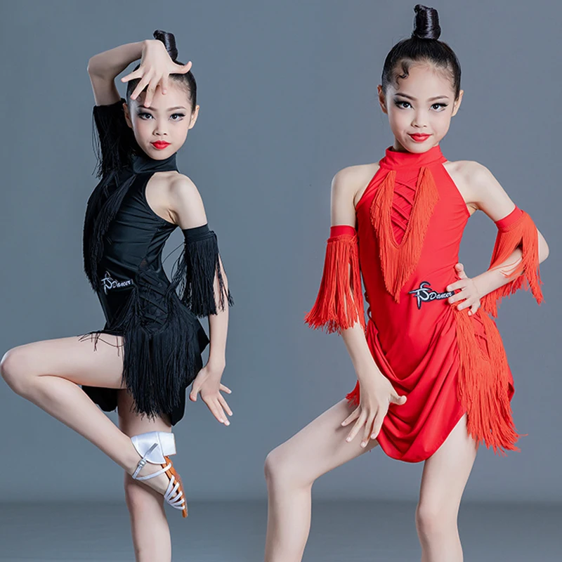 

Summer Red Black Latin Competition Dance Dress Fringes Dress Girls Tassels Latin Dance Dress Kids Stage Dancing Costume SL6866
