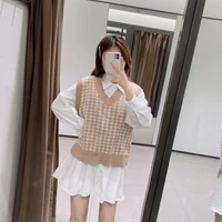 2021 houndstooth plaid knitted sweater vest women spring autumn vintage sleeveless v neck pullover female casual warm waistcoat