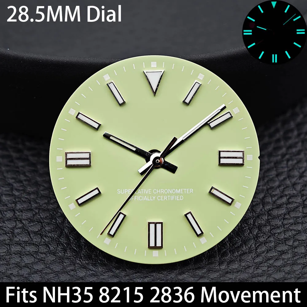 Фото Светящийся циферблат и стрелки Tiffany Blue Green, 28,5 мм, без календаря, подходят для NH35, NH36, ETA2836, Miyota 8215, запасные части для часов. №1