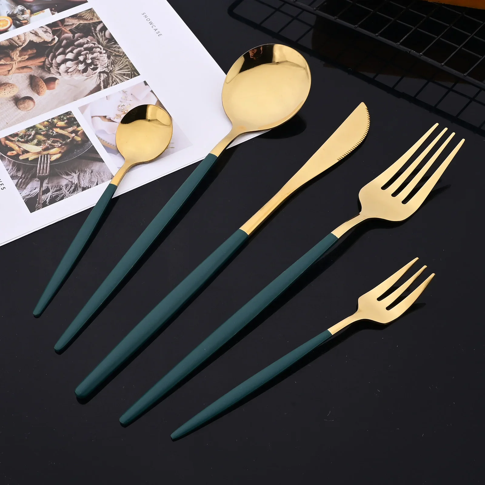 Набор столовых приборов зеленого и золотого цвета из нержавеющей стали 25 шт.
