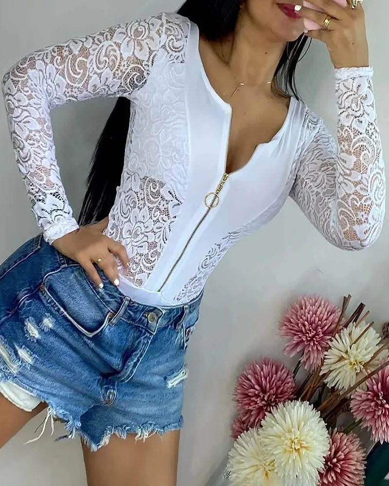 

Women Spring Summer Stitching Lace Sexy Jumpsuit Romper Boydsuit Hollow Out Openwork Sexy White Top Full Sleeve V Neck Zipper