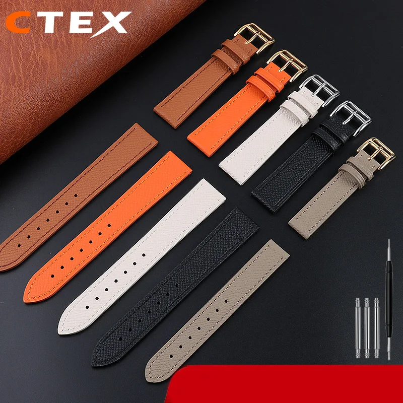 Handmade Pebbled Leather Watchband 14mm 16mm 18mm Black Gray Leather Strap H Buckle Watch Band women's Watch Accessories