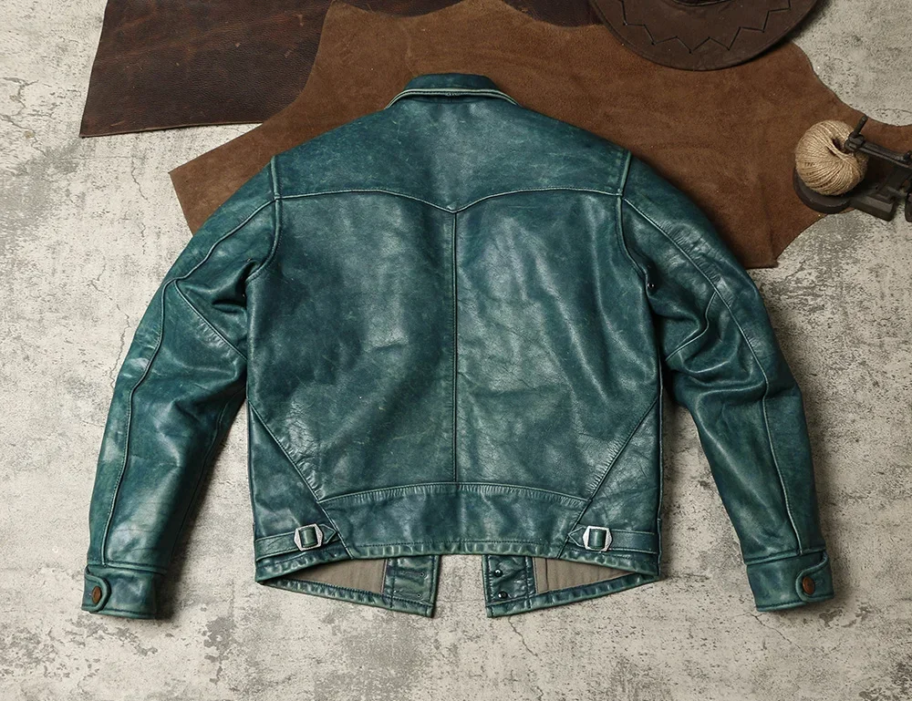 Blunt Razor Sky Blue Retro Distressed Leather Jacket RRL Style Men's Genuine Top Layer Cowhide Amikaki