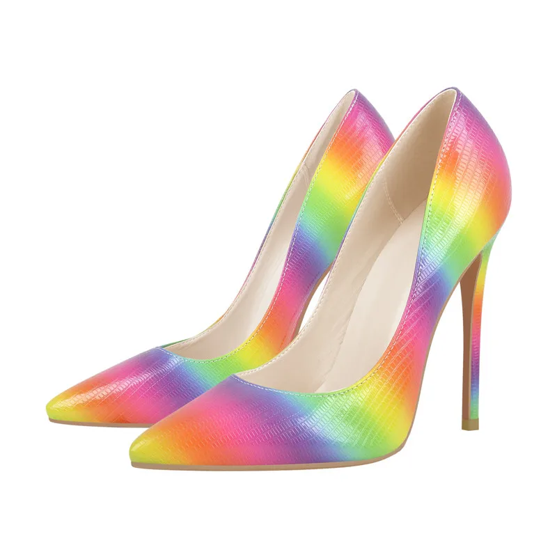 Onlymaker Women Rainbow Pointed Toe Stilettos Pumps Slip On Shoes Multicolor Patent Leather Shallow Thin High Heels