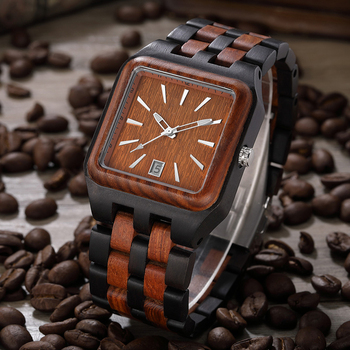 Casual Fashion Quartz Watch Mens Unique Square Wooden Watches Male Automatic Date Simple Design Clock relogio masculino hombre-37231