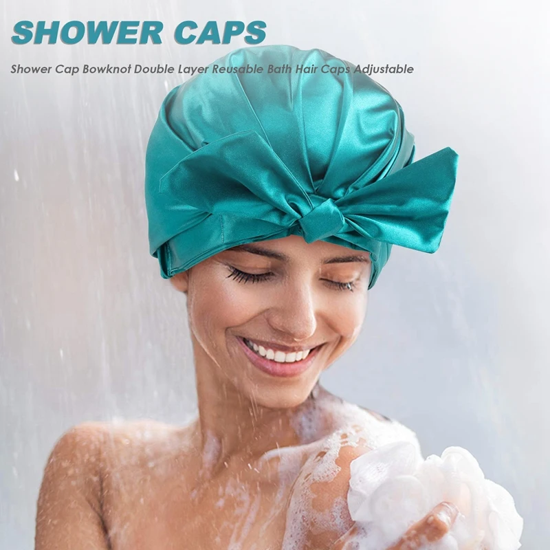 

Shower Cap Bowknot Double Layer Reusable Bath Hair Caps Adjustable Bath Hair Cap