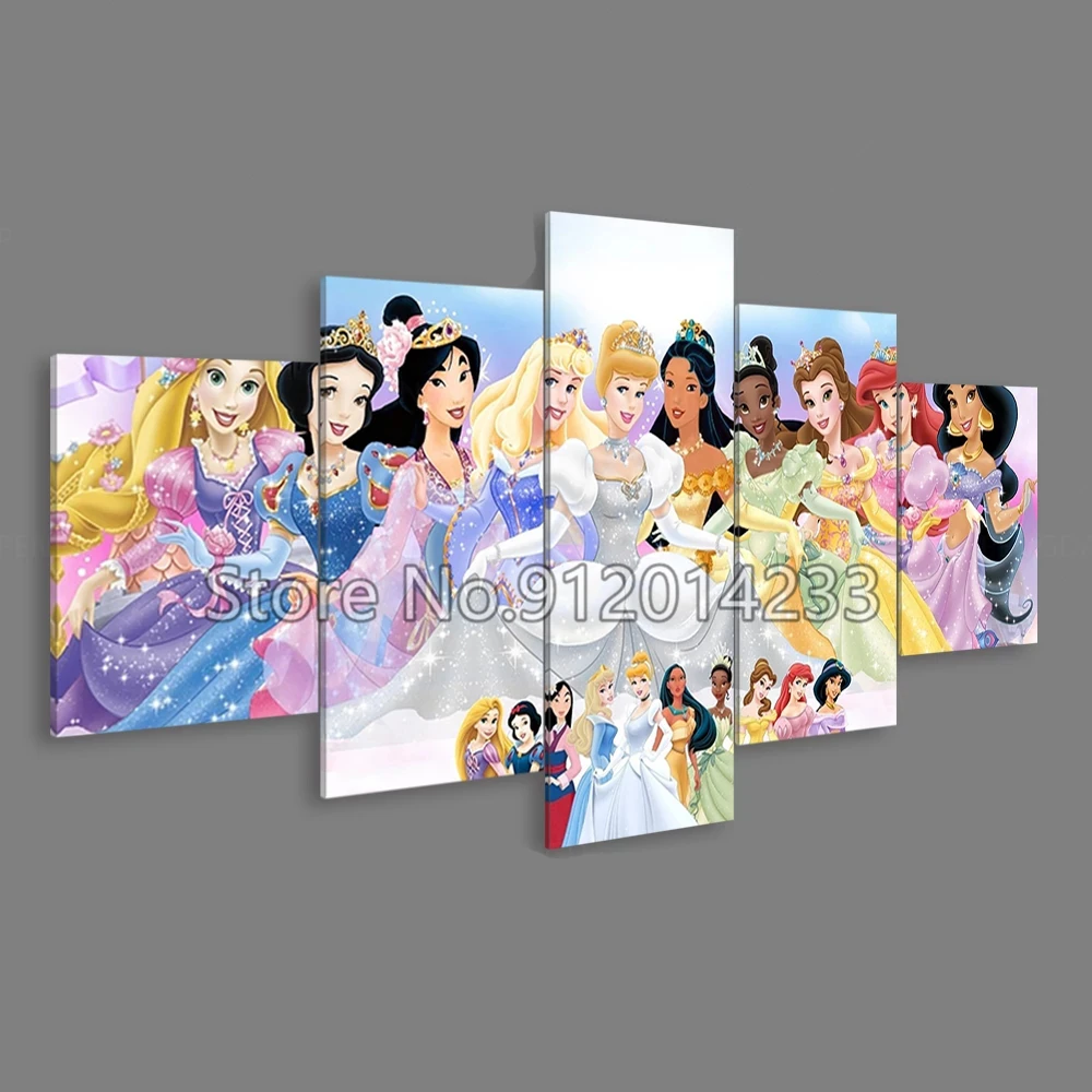 

5 Pieces Disney Princess Canvas Paintings Cinderella Belle Snow White Mermaid Ariel Wall Art Posters Home Decoration Living Room