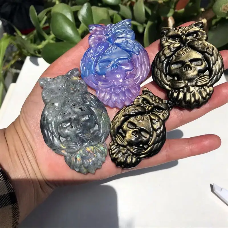 

Natural Crystal Owl Skull Mineral Gems Ghost Head Carved Reiki Healing Gift Crafts Feng Shui Home Decoration Stone Statues 1pcs