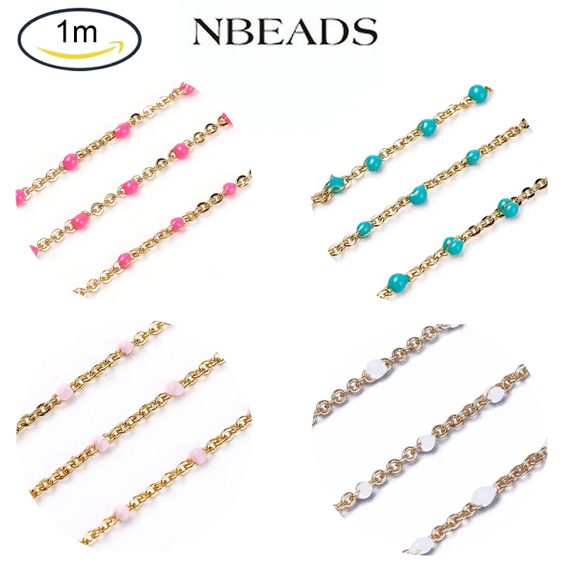 

Латунные цепочки с эмалью и бусинами, длиной 1 м, длинные спаянные Позолоченные аквамариновые Цепочки Длиной 1,5 мм для изготовления ювелирны...