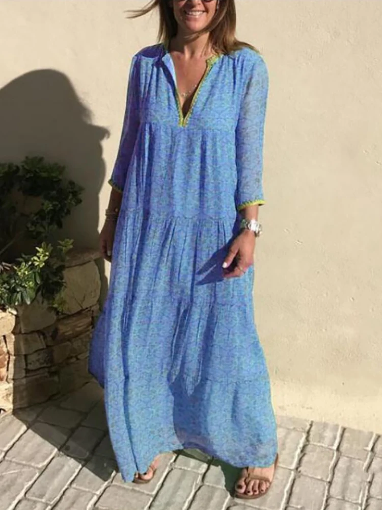 

Summer Lapel Long Sleeve Pullover Dress Casual Vintage Printing Party Steetwear Maxi Dress Loose Elegant Dress Women Maxi Dress