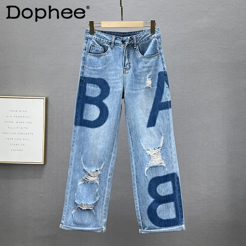 

Women's Wide-Leg Jeans 2022 Spring Summer New High Waist Loose European Style Ripped Holes Trousers Letter Print Pants Denim