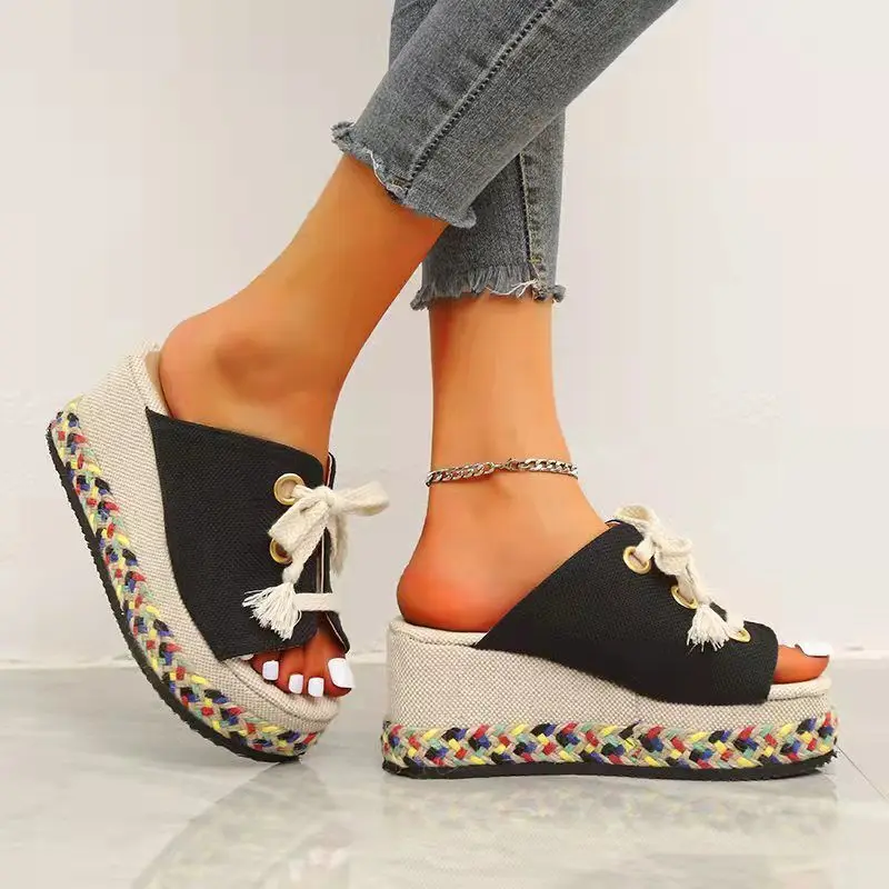 Women Sandals 2022 Summer Lace Up Slippers Height Increase Wedge Open Toe Straw Platform Sandalias Mujer |