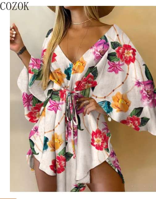 COZOK Summer Sexy V-neck Irregular Batwing Sleeve Lace-up Bohemian Style Waist Dress for Women