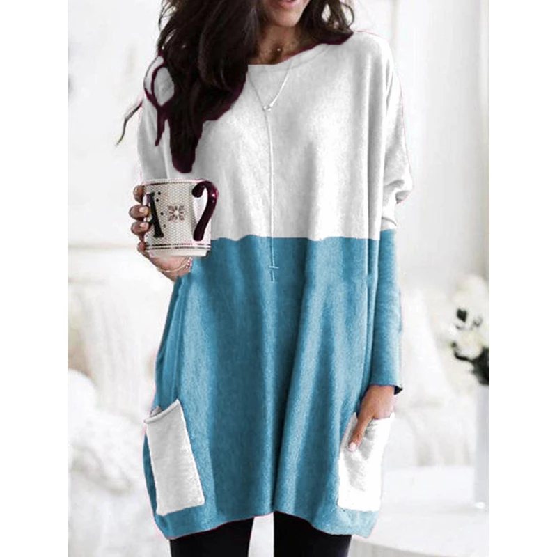 

Women T-shirt Dress Spring Autumn Loose Solid Color Patchwork Pocket Long T-shirt Women Long Sleeve Round Neck Pullover T-shirt