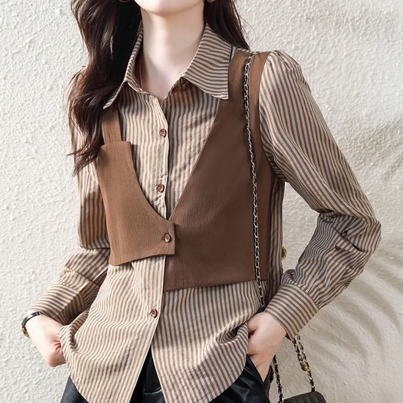 

#2643 Spring False Two Piece Shirt Women Long Sleeve Korean Style Striped Shirt Elegant Spliced Vest Womens Tops And Blouses