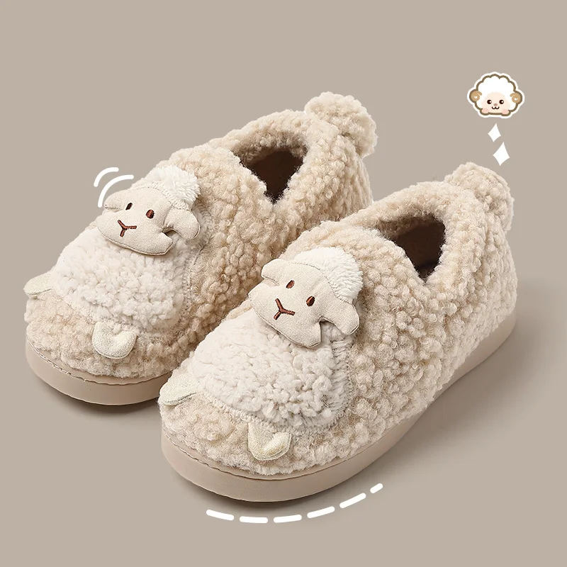 

Мультяшные овечьи зимние тапочки теплые пушистые хлопковые плюшевые домашние тапочки для пар Симпатичные на плоской подошве милые животны...