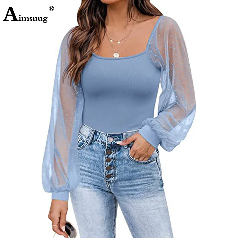 

Ladies Patchwork Guaze T-shirt Women Lantern Sleeve Polka Dots Top Clothing 2022 Summer New Tees Shirt Casual Knitted Pullovers