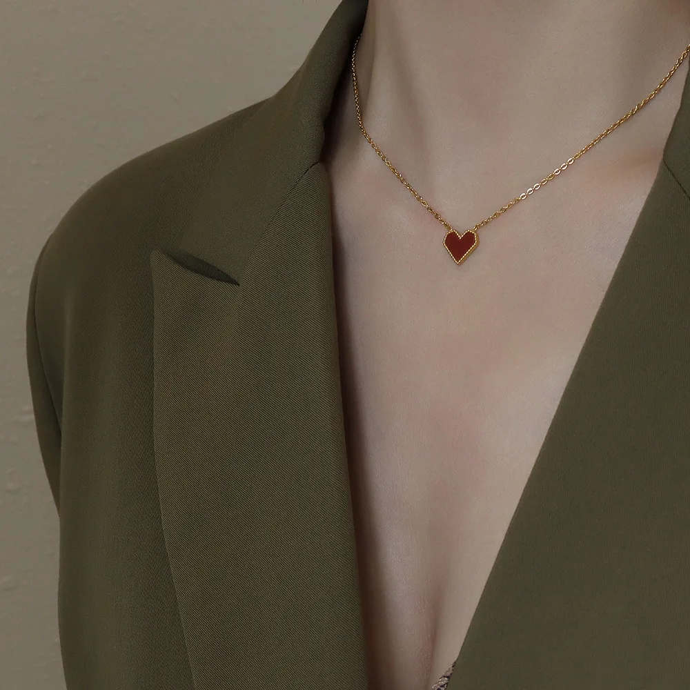 Stainless Steel Necklace for Women Acrylic Red Heart Clavicle O Chain Elegant Korea Fashion Jewelry |