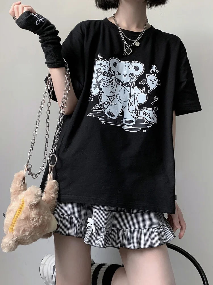 Deeptown Women's Punk Gothic T-shirt Streetwear Harajuku Goth Graphic Tee Shirt Summer y2k Top Cartoon Print Short Sleeve Female