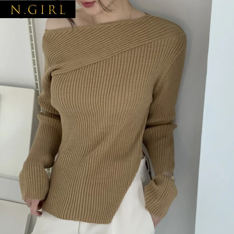 

N корейские женские свитера для девушек с открытыми плечами, Вязаный топ с разрезом, элегантный женский свитер, пуловеры, Модный женский джемпер, осень