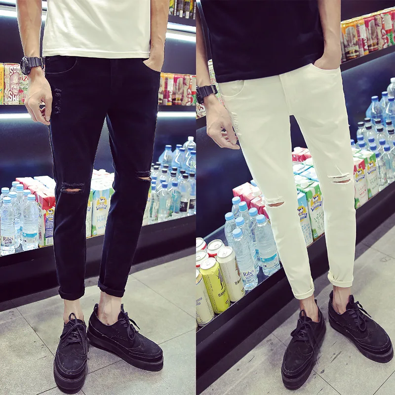 

New 2022 Fashion Teenager Hip Hop Boys Street City Casual Jeans Knee Distressed Hole Ankle-Length Pants Harem Slim Fit Trousers