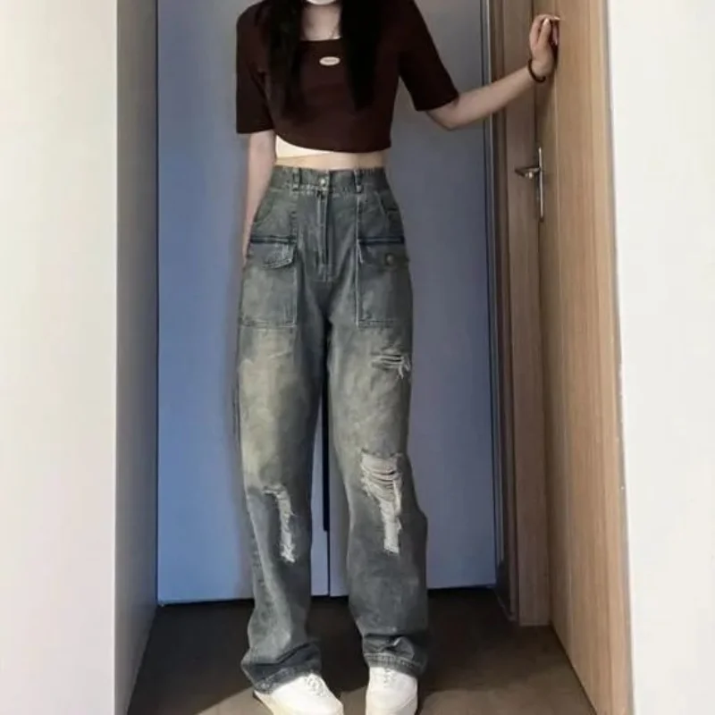 

High street ripped wide-leg jeans women 2023 loose street straight wash floor y2k jeans mom jeans high waisted jeans slouchy