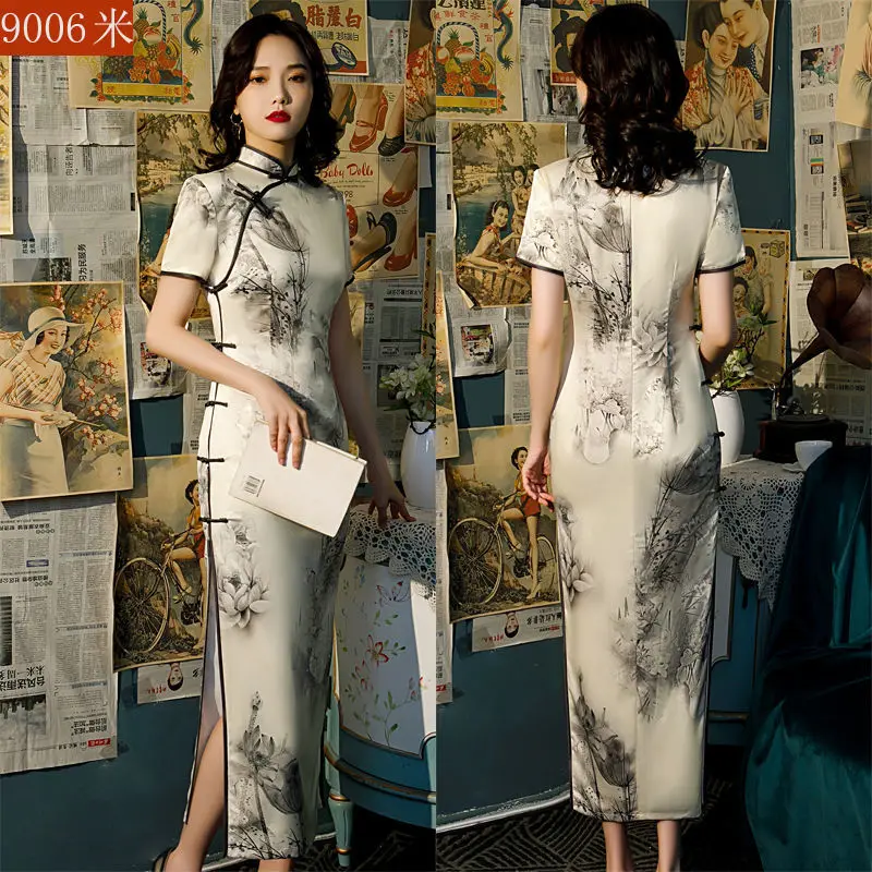 Женское шелковое платье-Ципао с разрезом длинное повседневное приталенное