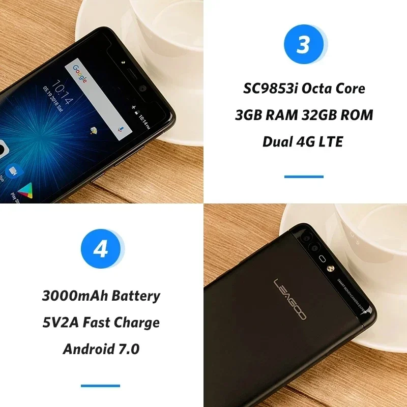 Фото Смартфон Leagoo T5C, 3 ГБ ОЗУ, 32 ГБ ПЗУ, 4G LTE, 5,5 дюйма, восьмиядерный процессор, Android 7,0, 13,0 МП + 2,0 МП, двойная камера, мобильный телефон с отпечатками пальцев №5