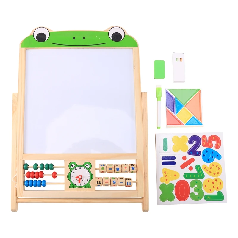 

Children's Double Sided Easel Art Easel Chalk Chalkboard Magnetic Writing Board With Number Stickers And Tangram