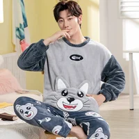 2022 Winter Thick Warm Long Sleeve Flannel Pajama Set for Men Cute Cartoon Cat Coral Velvet Sleepwear Suit Homewear Home Clothes