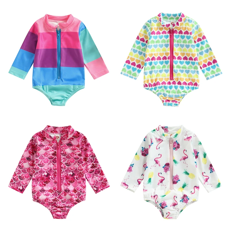 

Купальник для девочек, пляжная одежда, летнее бикини с красочным принтом, с длинным рукавом и круглым вырезом, пляжный купальник на молнии, боди, купальный костюм