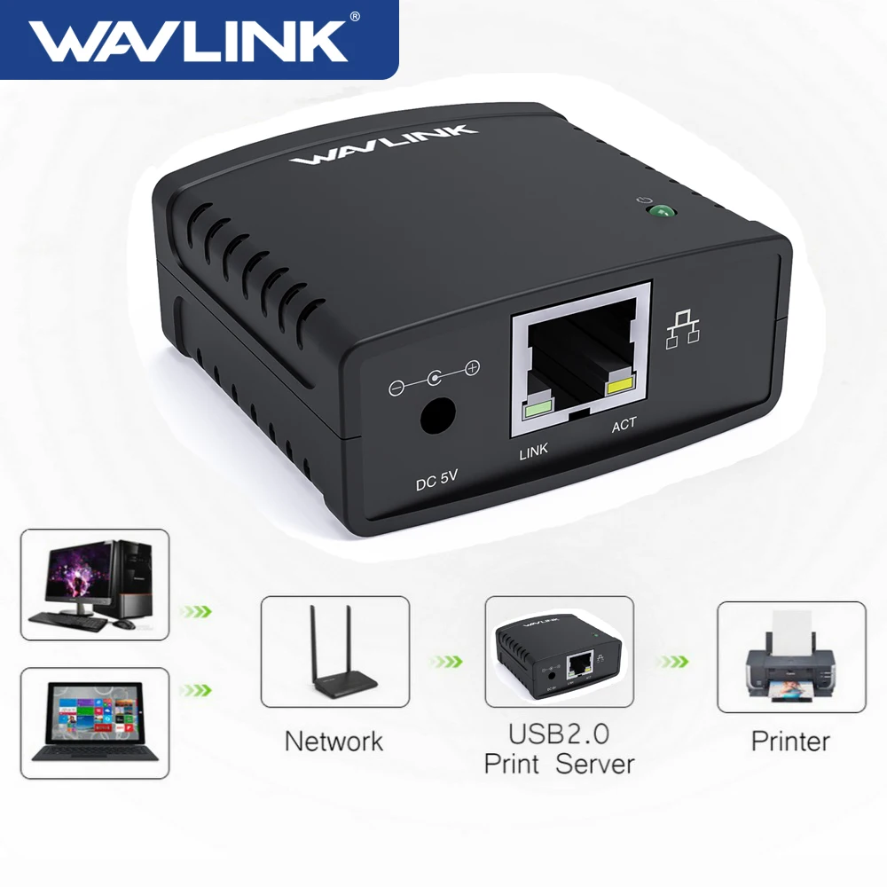 Wavlink USB 2.0 Network LRP Print Server USB Hub 100Mbps Share a LAN Networking Printers Power Adapter for Windows EU/US/UK Plug