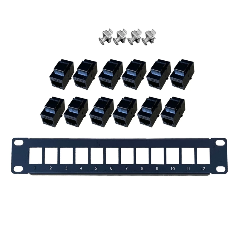 12 Port Straight-through CAT6 Patch Panel RJ45  Cable Adapter Keystone Jack Ethernet Distribution Frame UTP 19in