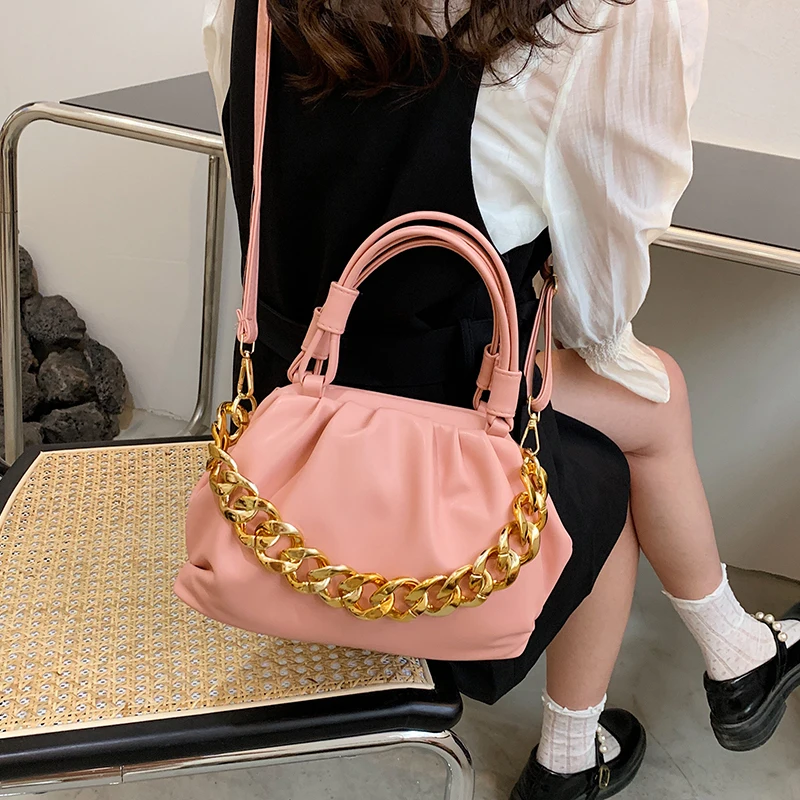 Designer Thick Chain Small Soft PU Leather Shoulder Tote Bags for Women Hit Trend Handbags and Purses Lady Fashion Crossbody Bag