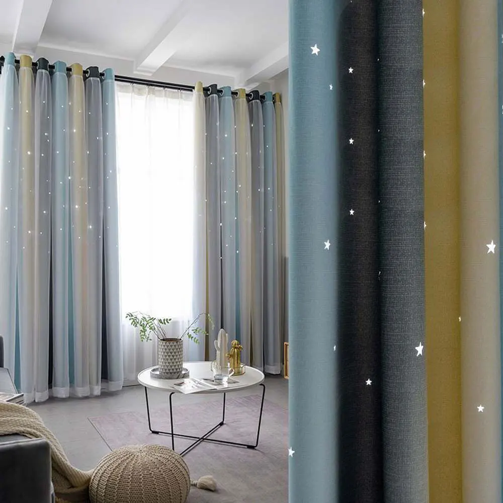 

Hollow Stars Blackout Curtains for Kids Room Sheer Double Layer Curtains for Living Room Girl's Bedroom Window with White Tulle